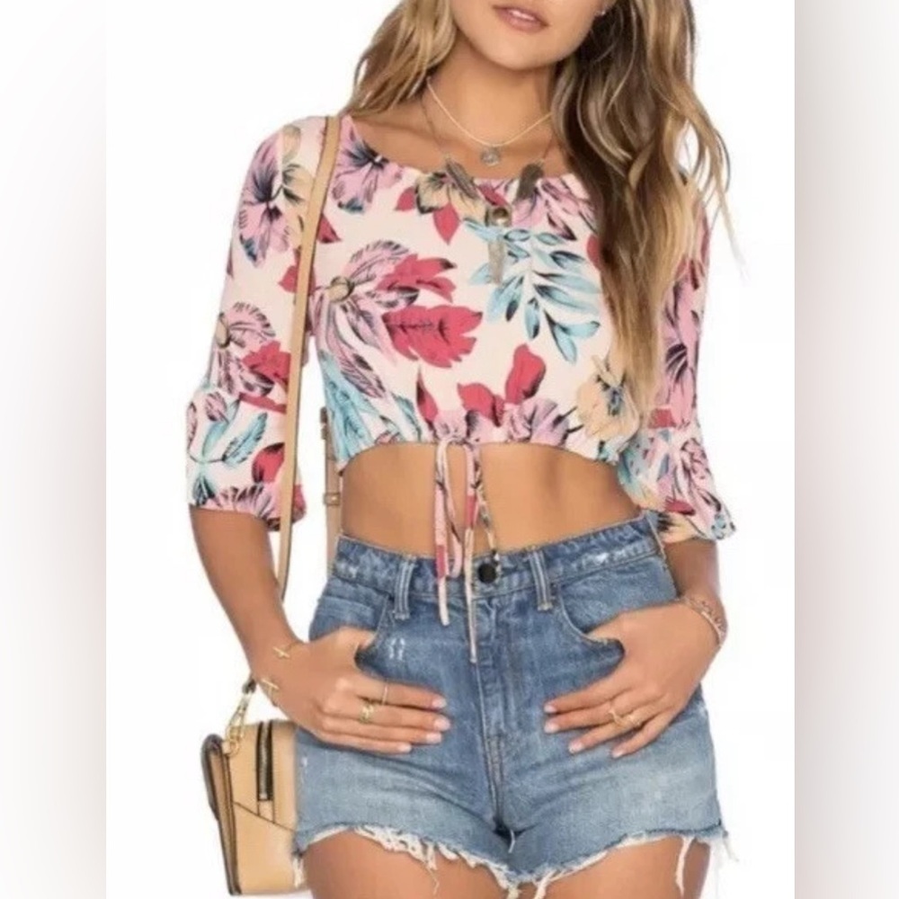 For Love And Lemons Floral  Pink and Blue Tie Front Crop Top XS
